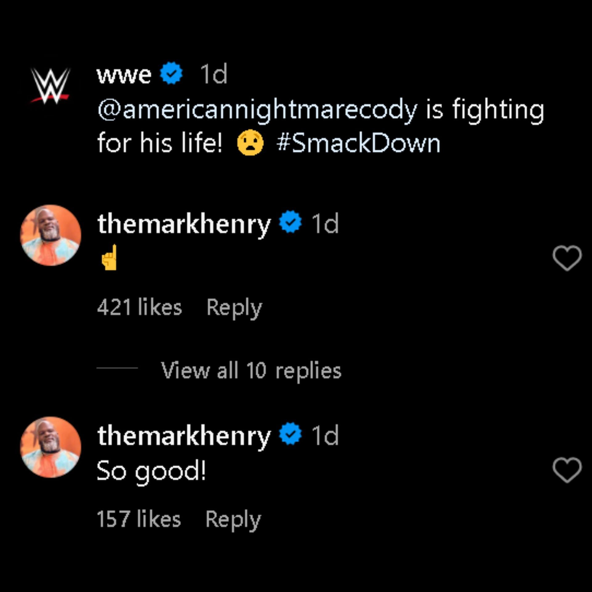 Mark Henry's comments on the Instagram post.